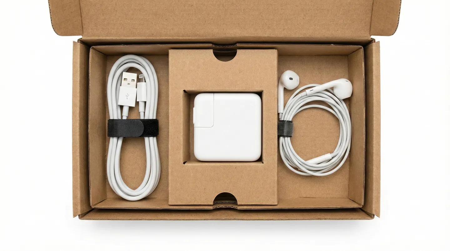 Accesorii electronice rulate ordonat și fixate cu benzi velcro, izolate în compartimente separate de carton pentru a nu deteriora ecranul principal