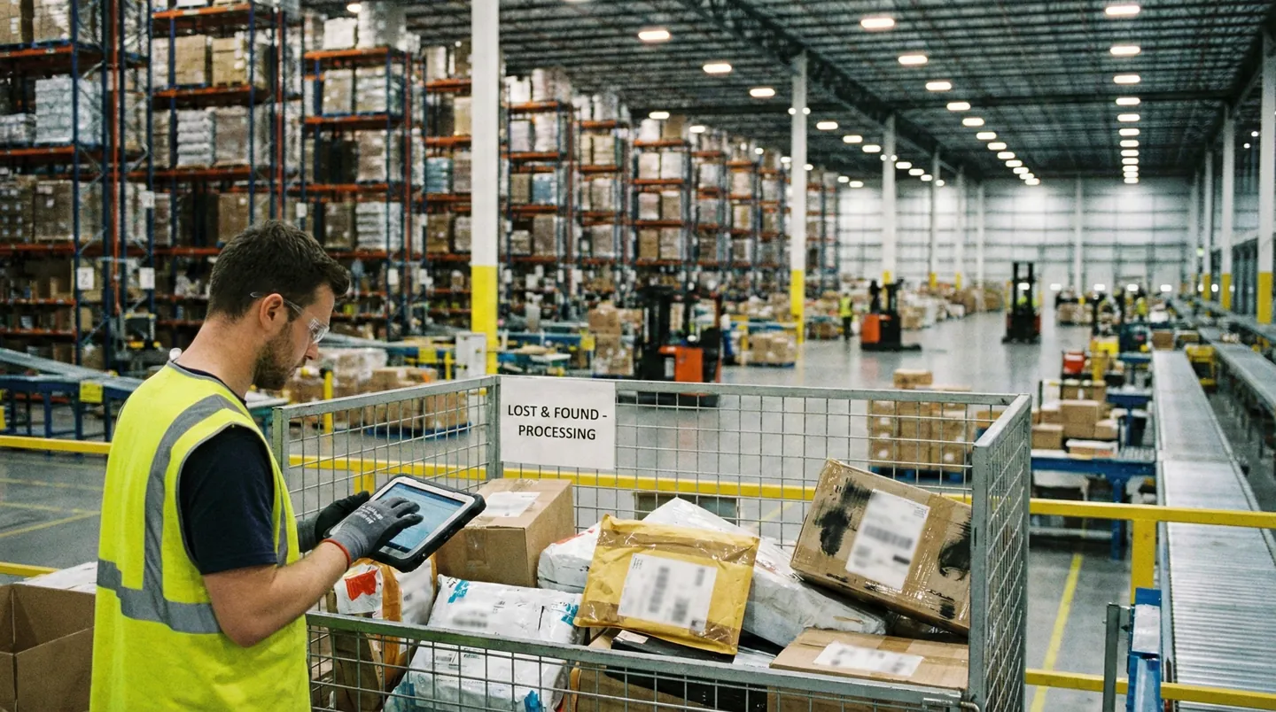 Angajat logistic căutând un colet pierdut în zona de colete neidentificate a unui depozit mare