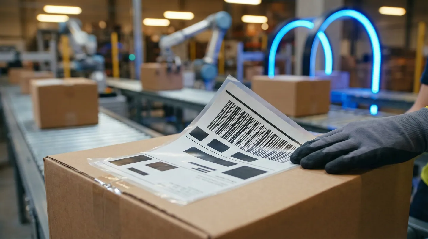 Aplicarea unei etichete de transport AWB pe o cutie într-un hub logistic modern