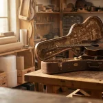 Atelier de lutier cu o chitară acustică vintage pregătită pentru ambalare sigură în hard case