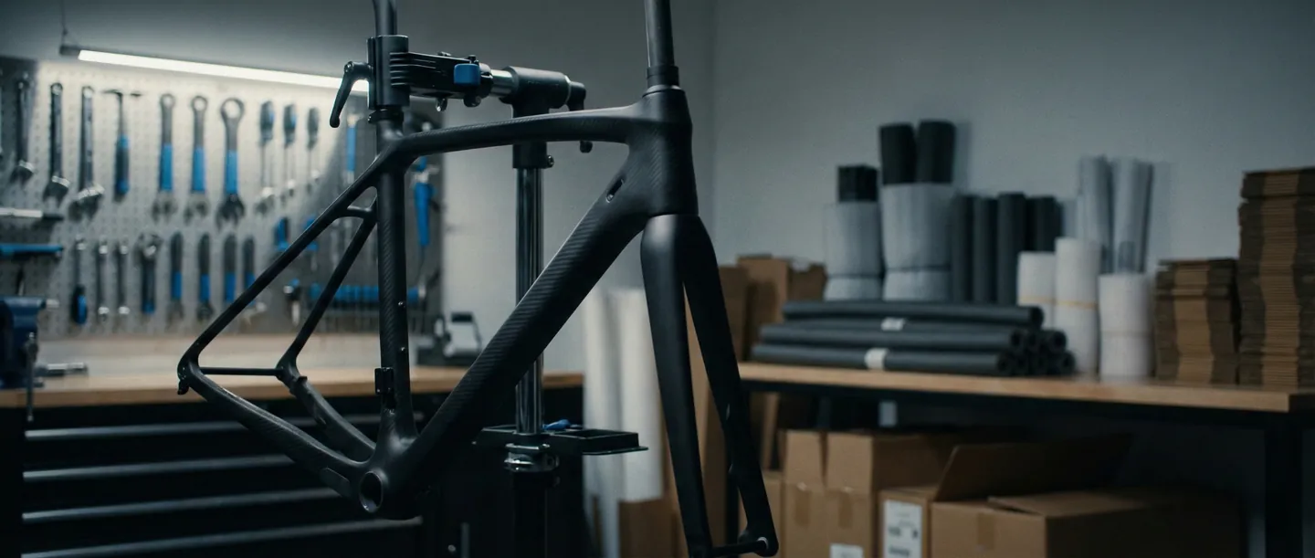 Atelier profesional de biciclete cu un cadru de carbon pregătit pentru demontare și ambalare sigură