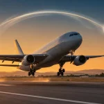 Avion cargo decolând la răsărit, simbolizând transportul aerian rapid între România și Statele Unite