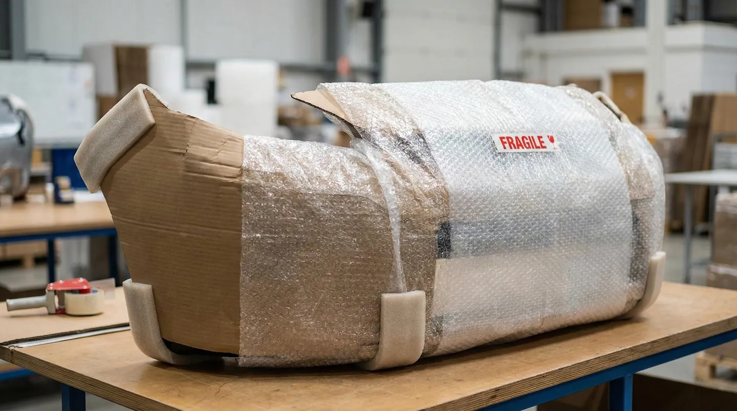 Bară de protecție auto ambalată corect în folie cu bule și carton, cu colțurile protejate suplimentar, gata de expediere