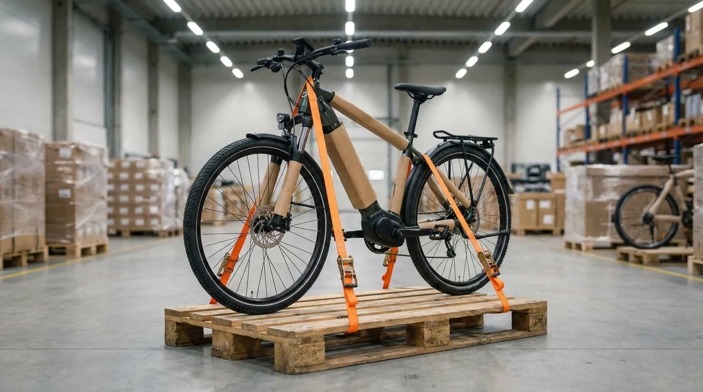 Bicicletă electrică fixată vertical pe palet cu chingi, gata de expediere LTL