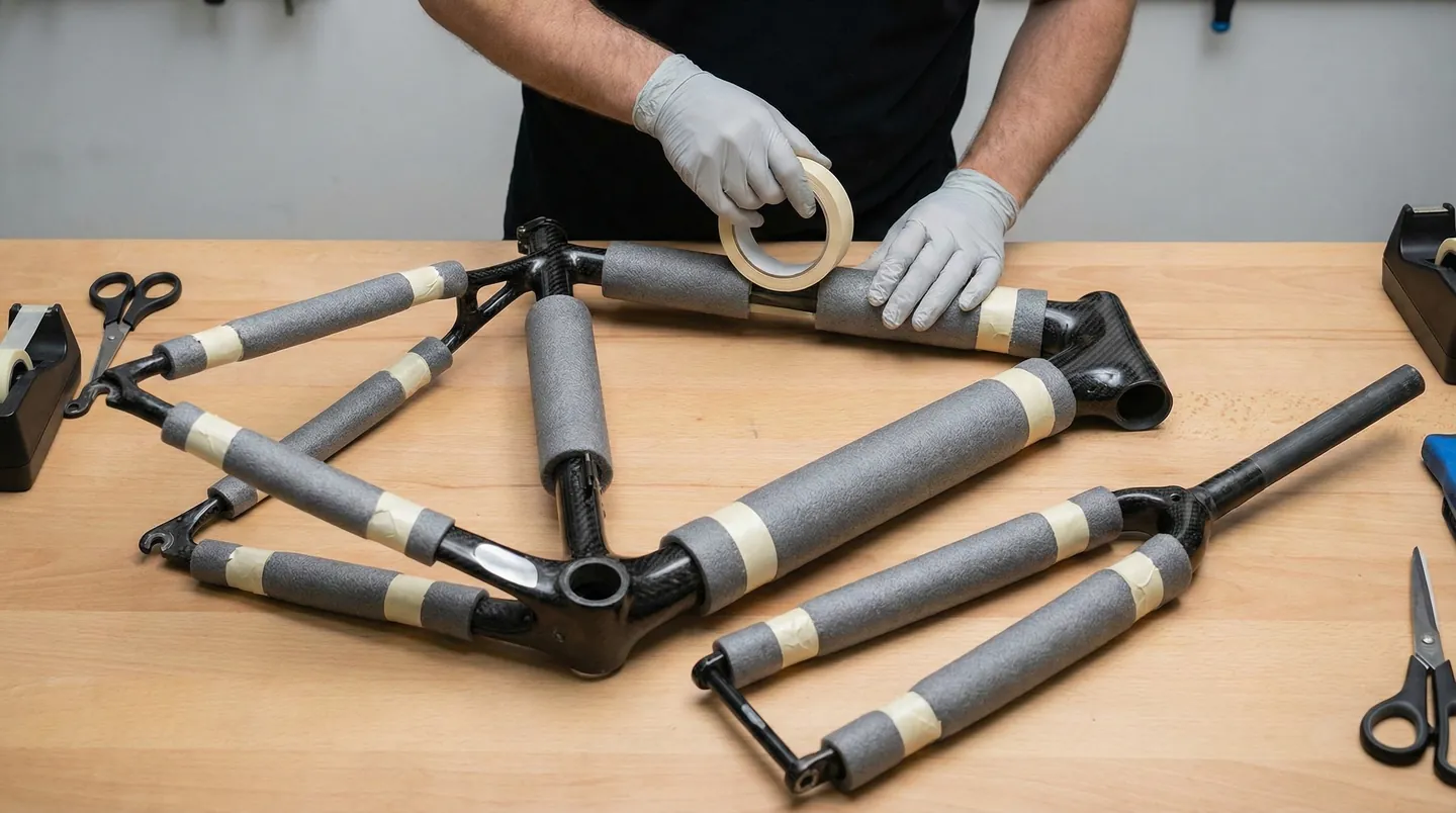 Cadru de bicicletă cu fiecare țeavă protejată individual cu izolație de spumă și bandă adezivă