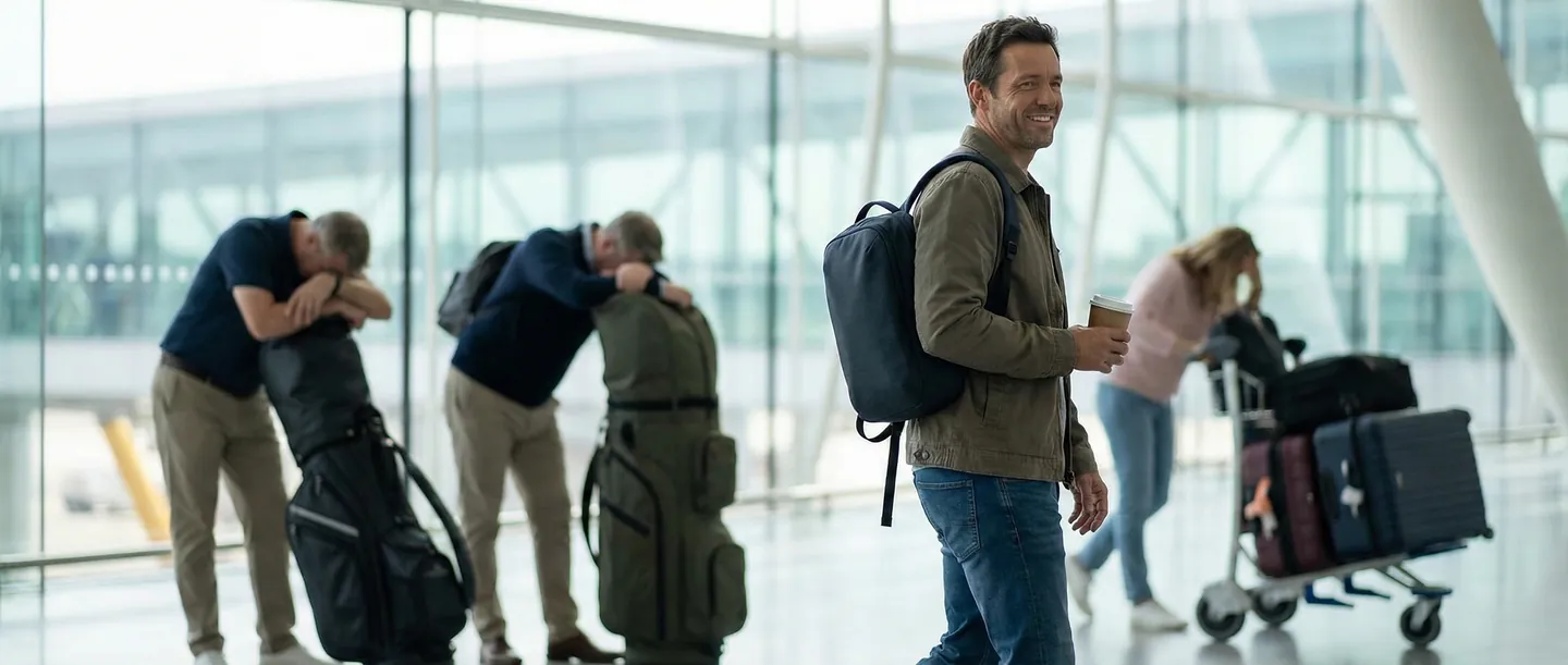 Călător relaxat în aeroport cu doar un rucsac mic, contrastând cu alți pasageri care se chinuie cu genți mari de golf