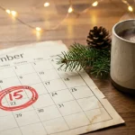Calendar de perete cu datele critice de expediere încercuite cu roșu, alături de o cană de ciocolată caldă și decorațiuni de brad