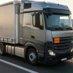 Camion de marfă cu plăcuță portocalie ADR, simbolizând transportul rutier securizat de mărfuri periculoase