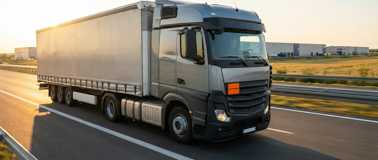 Camion de marfă cu plăcuță portocalie ADR, simbolizând transportul rutier securizat de mărfuri periculoase