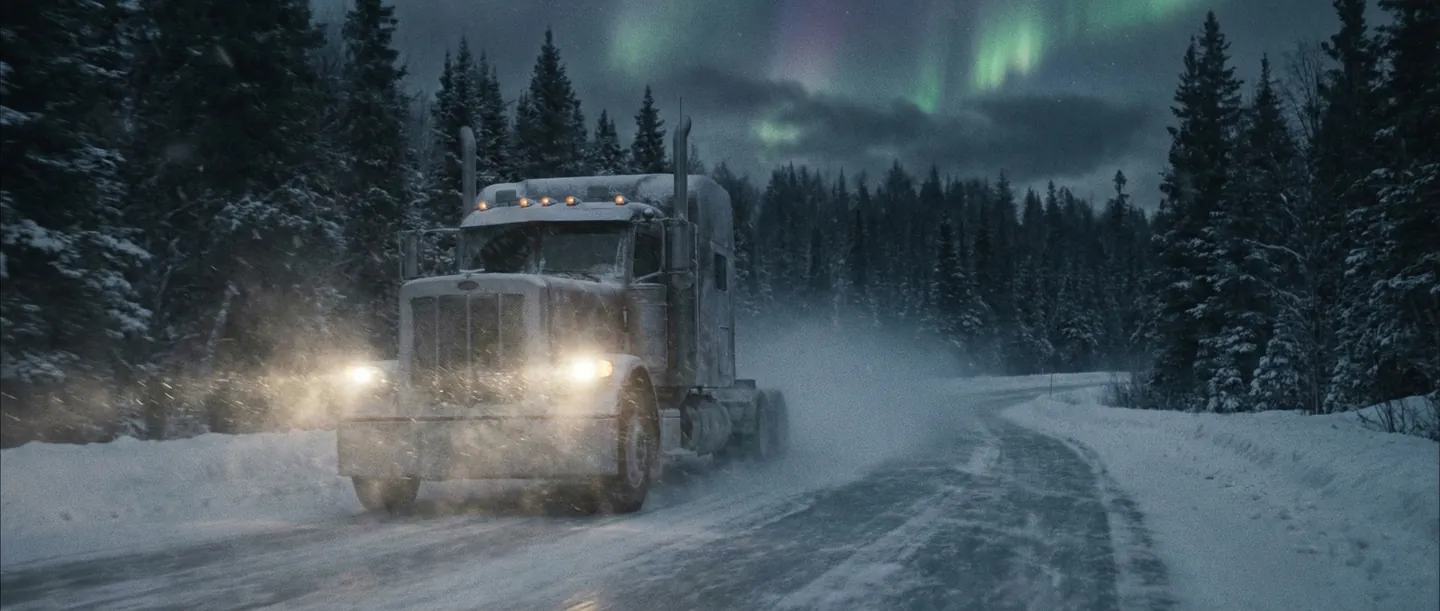 Camion de marfă traversând o pădure înzăpezită în Finlanda
