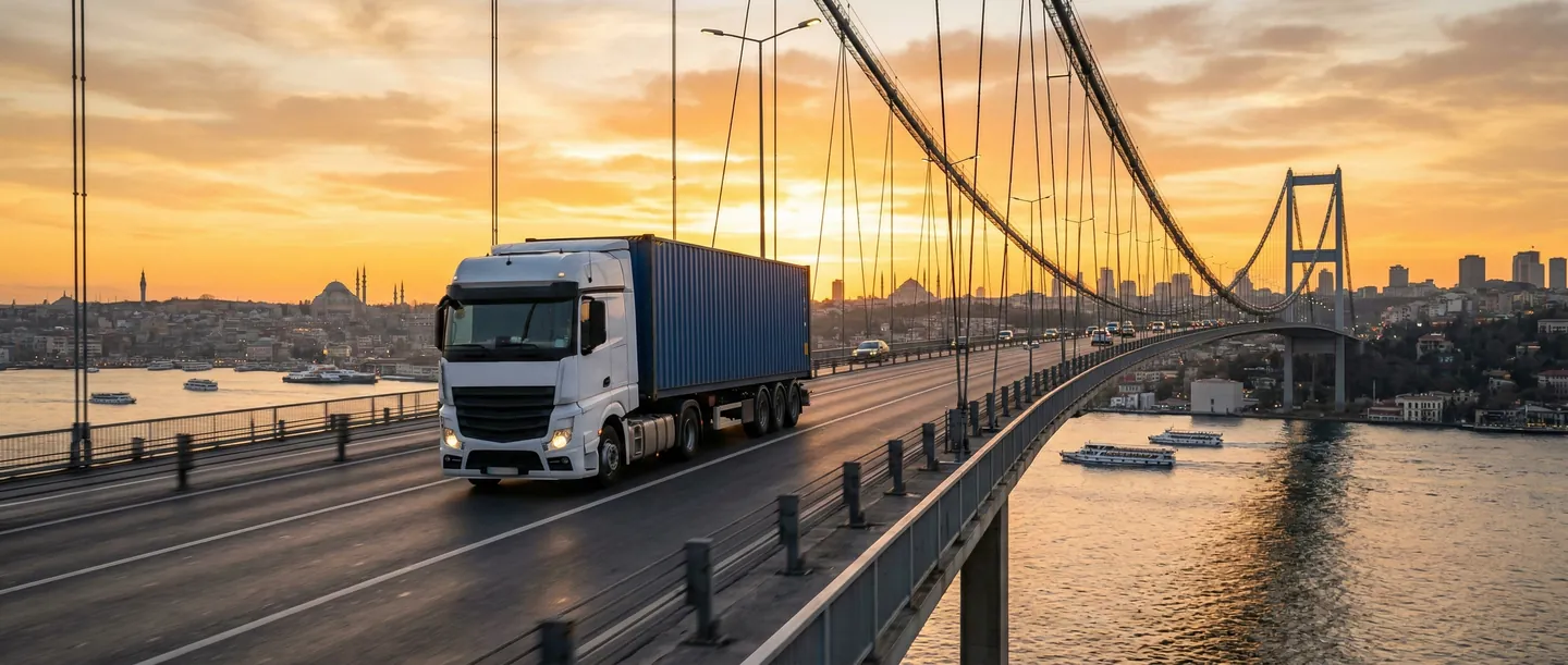 Camion de marfă traversând Podul Bosfor din Istanbul la răsărit, legând simbolic Asia de Europa, transport rutier rapid