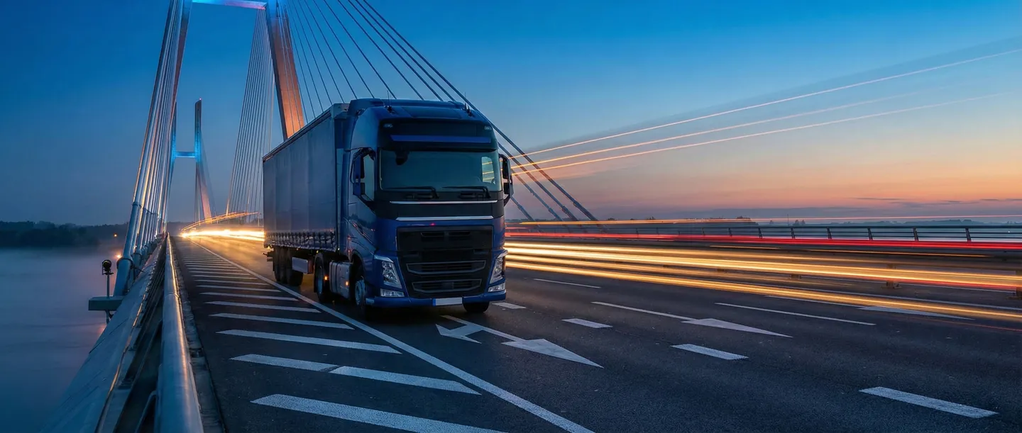 Camion de marfă traversând un pod modern într-o cursă internațională România - Marea Britanie