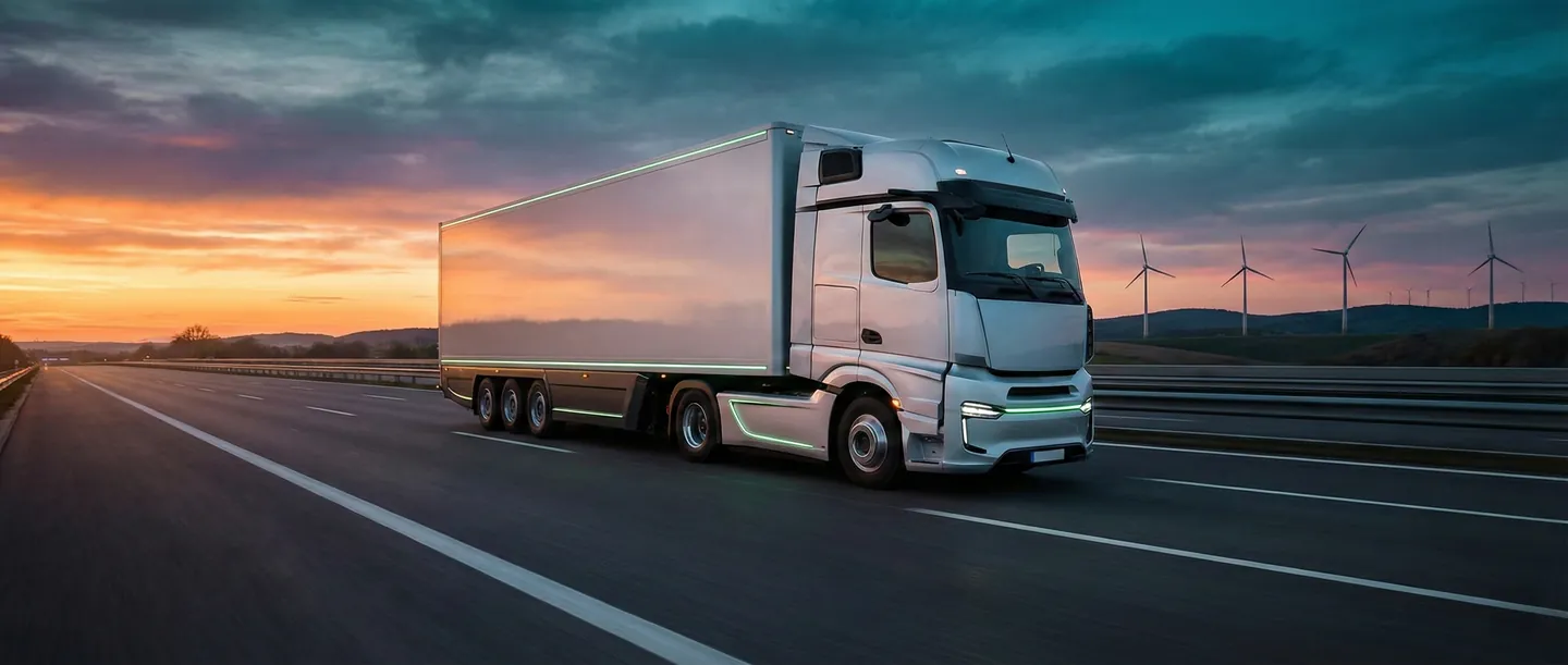 Camion electric modern și aerodinamic rulând pe autostradă la apus, ilustrând sustenabilitatea în logistică