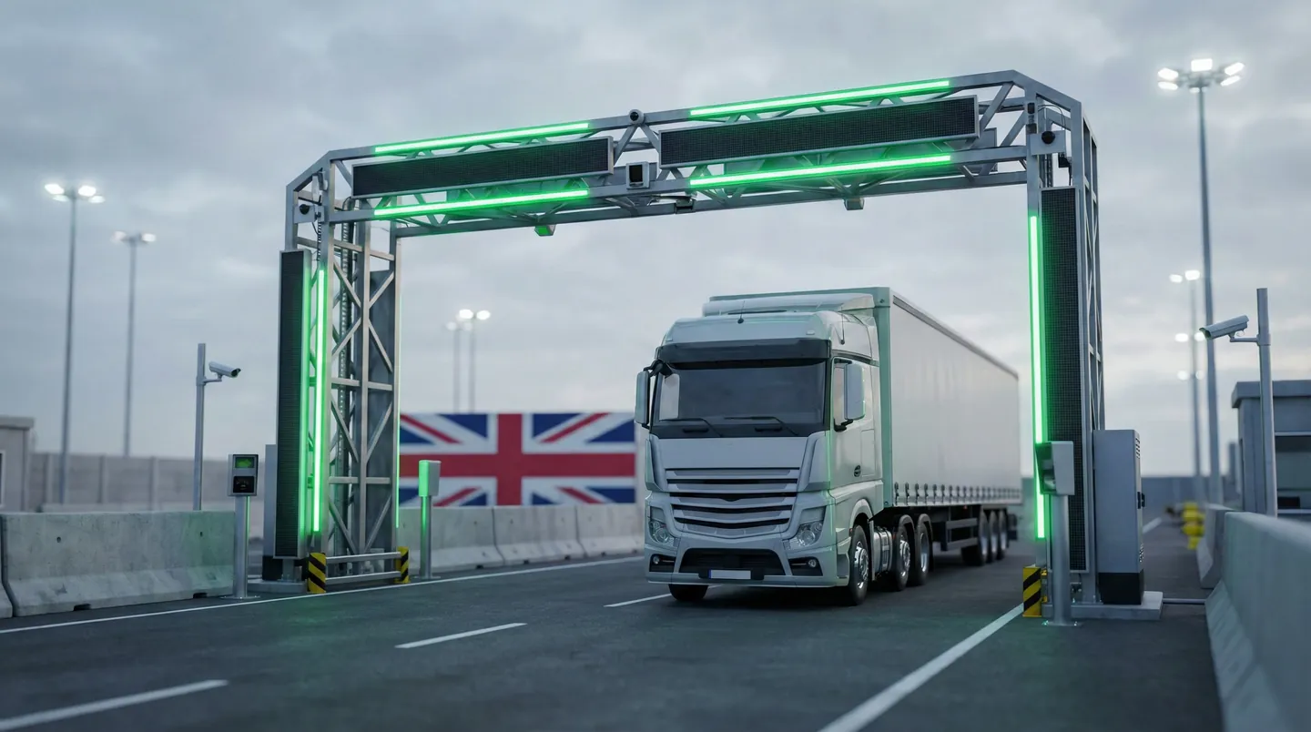 Camion trecând prin controlul vamal digitalizat BTOM la intrarea în Marea Britanie