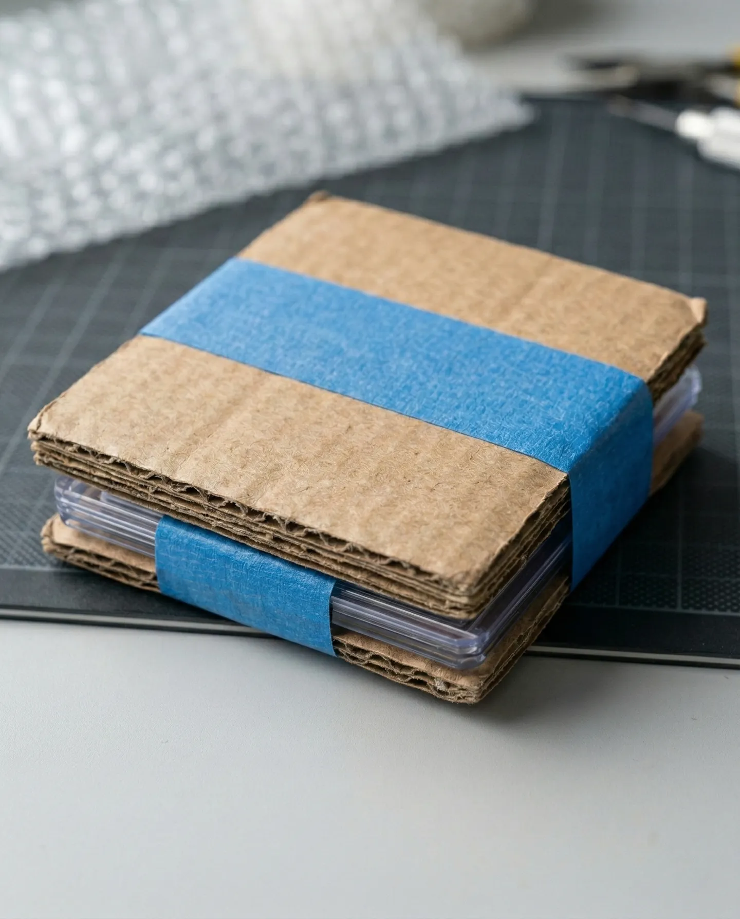 Carte de joc de colecție protejată în toploader rigid și securizată între două plăci de carton, gata de expediere