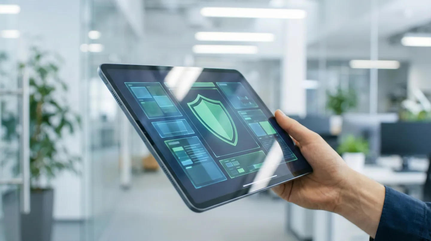 Certificat digital de asigurare cargo afișat pe o tabletă într-un mediu business, simbolizând siguranță și protecție