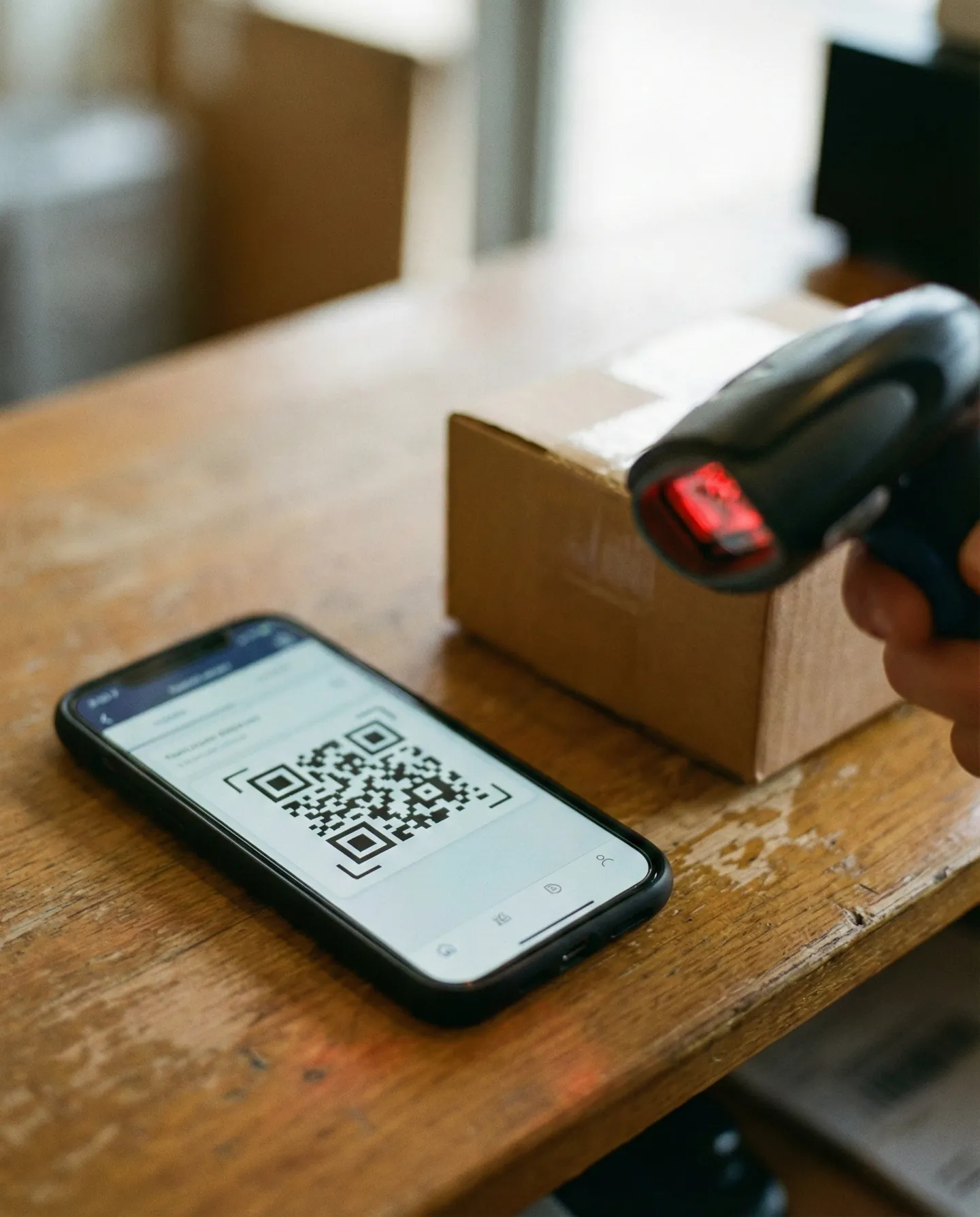 Client într-un punct de drop-off (magazin partener) arătând un cod QR pe telefon vânzătorului pentru a printa eticheta de retur, fără imprimantă acasă