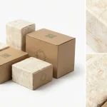 Colecție de ambalaje conforme PPWR din materiale reciclate, cu etichete QR vizibile și simboluri de reciclare europene