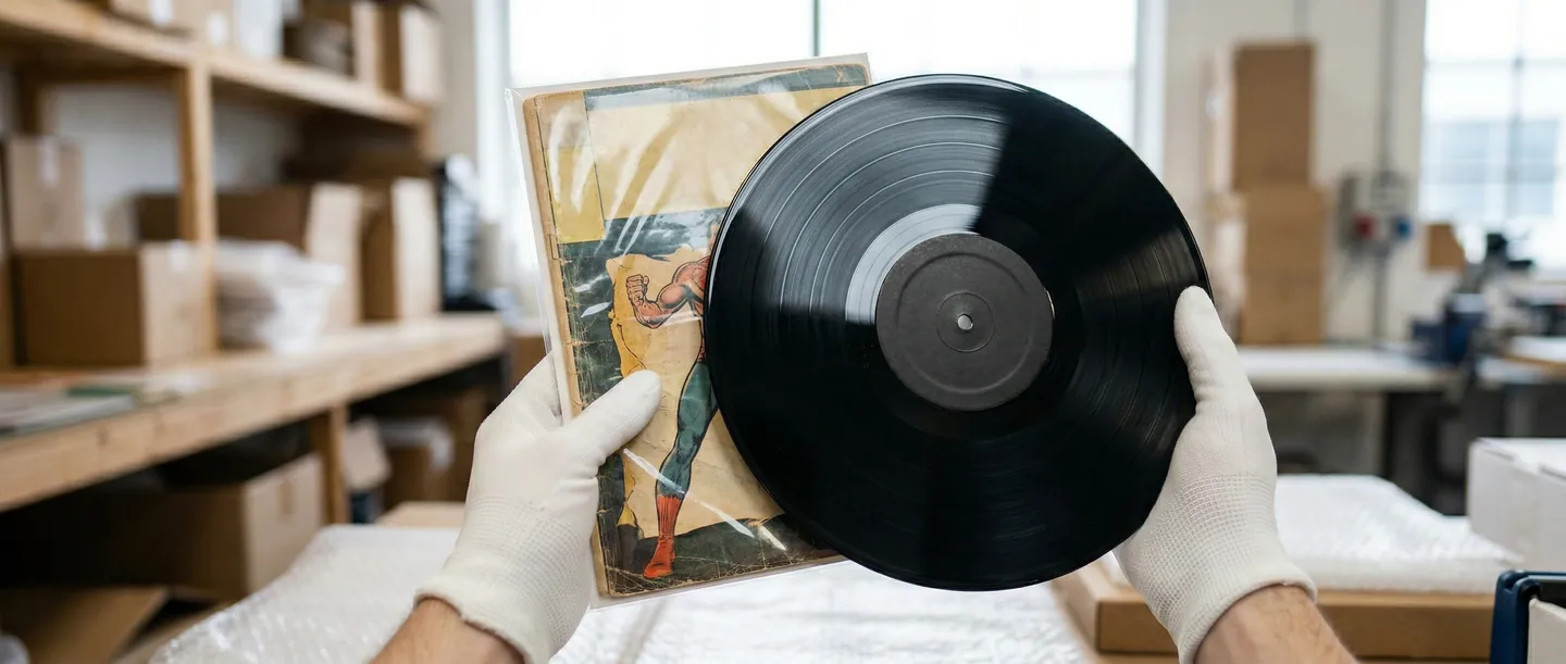 Colecționar purtând mănuși albe de bumbac, ținând cu grijă un disc de vinil și o revistă de benzi desenate în stare perfectă, ilustrând conceptul de 'Mint Condition'