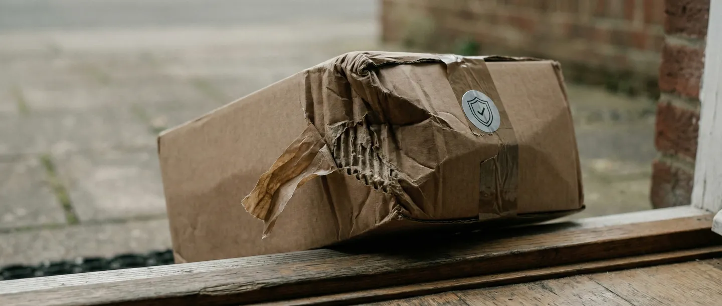 Colet deteriorat la livrare cu etichetă de asigurare vizibilă, concept de risc logistic și protecție financiară