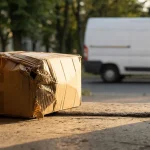 Colet deteriorat lăsat pe pragul ușii, cu cutia strivită și curierul plecând în fundal