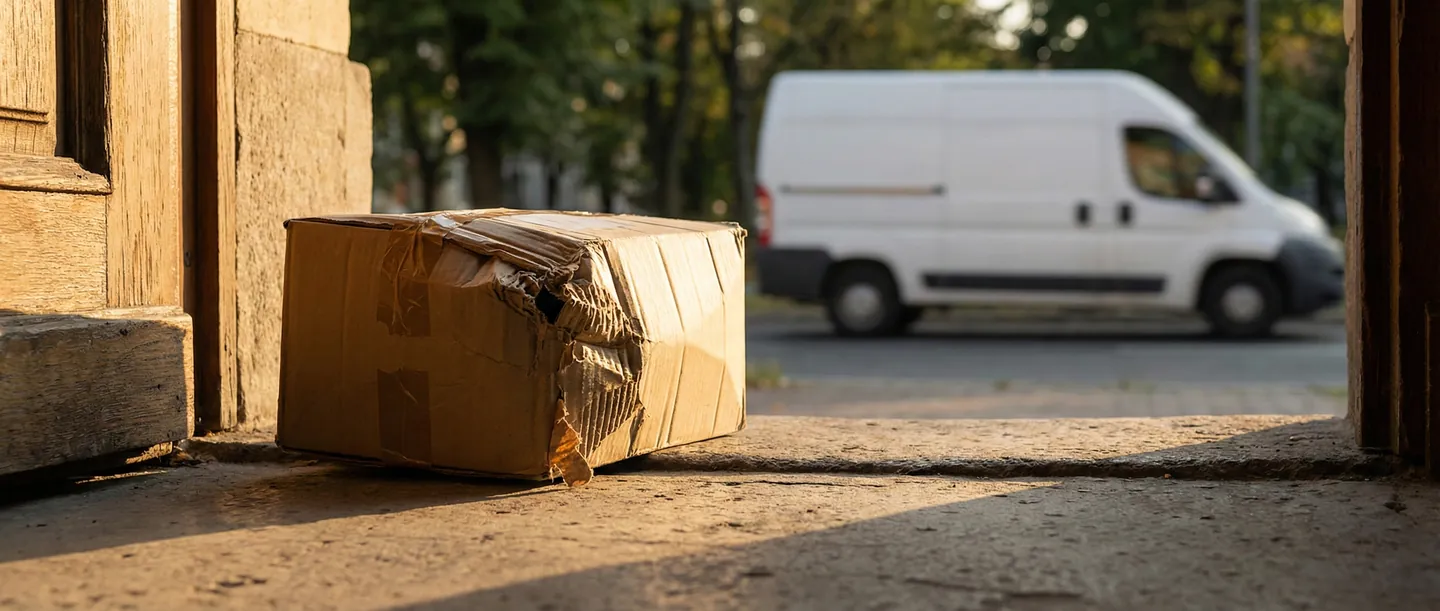 Colet deteriorat lăsat pe pragul ușii, cu cutia strivită și curierul plecând în fundal