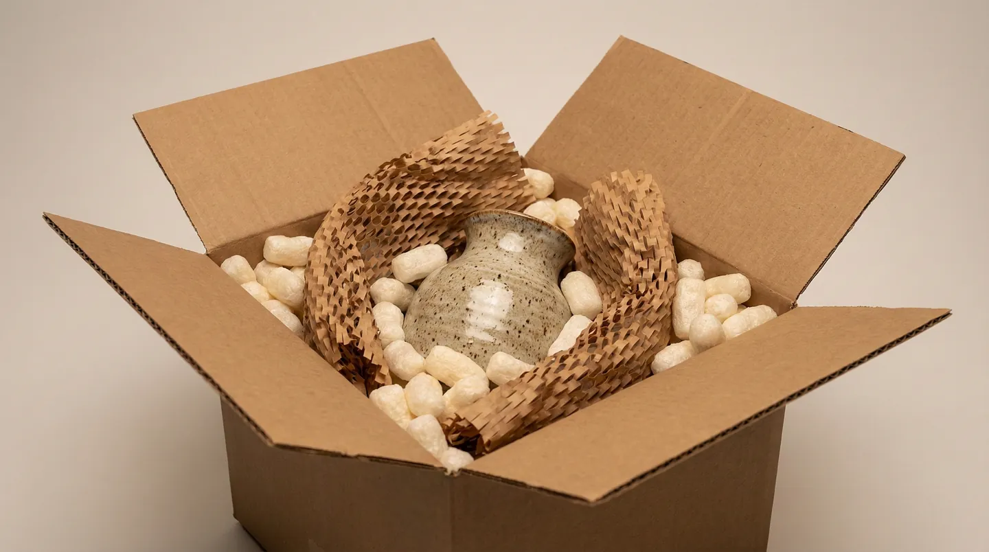 Colet e-commerce pregătit pentru expediere, protejând o vază ceramică cu materiale ecologice