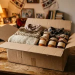 Colet pregătit pentru expediere internațională conținând produse tradiționale și haine, simbolizând legătura cu familia din străinătate