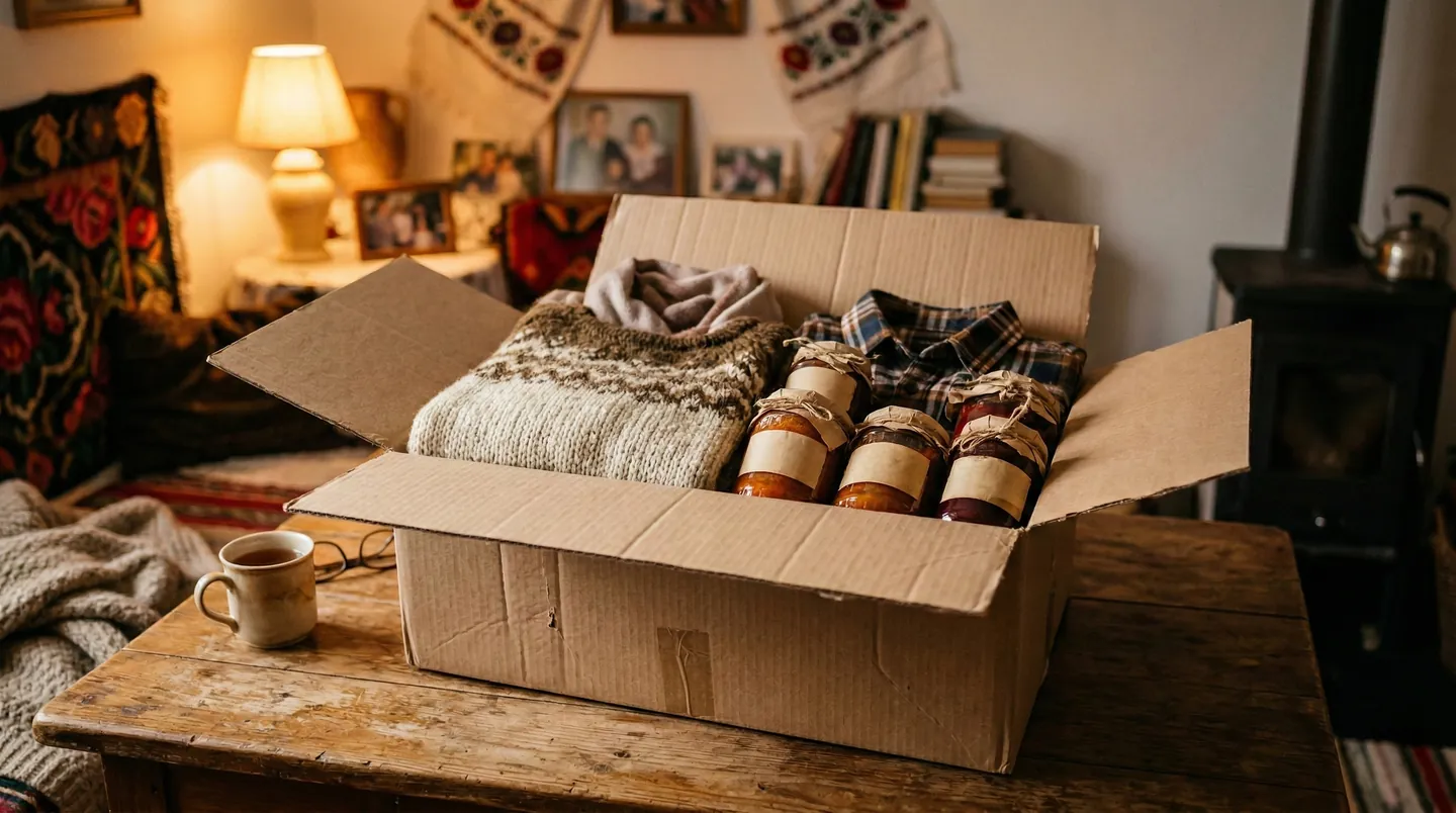 Colet pregătit pentru expediere internațională conținând produse tradiționale și haine, simbolizând legătura cu familia din străinătate.