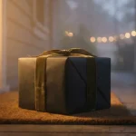 Colet surpriză livrat la ușă în amurg, sugerând mister și anticipare