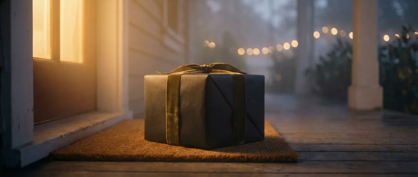 Colet surpriză livrat la ușă în amurg, sugerând mister și anticipare