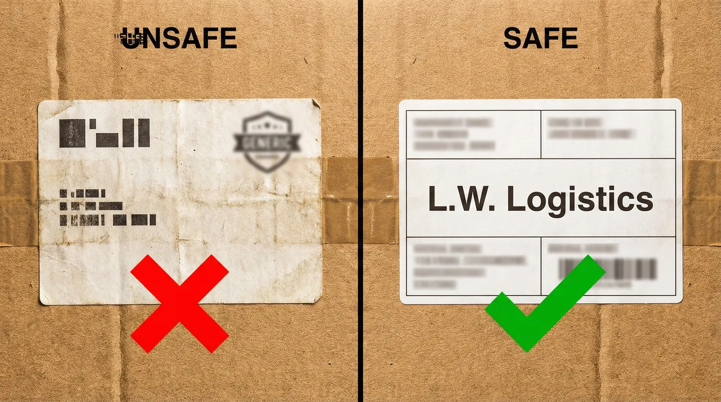Comparație între o etichetă de expediere riscantă cu brand vizibil și o etichetă sigură, anonimă (blind shipping)