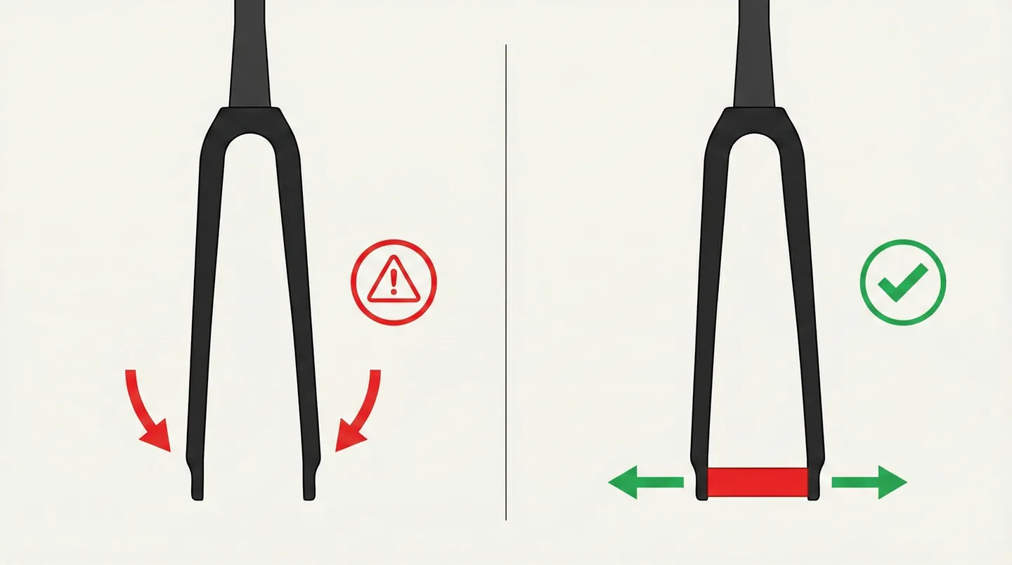Comparație vizuală arătând importanța distanțierului rigid între brațele furcii pentru a preveni compresia