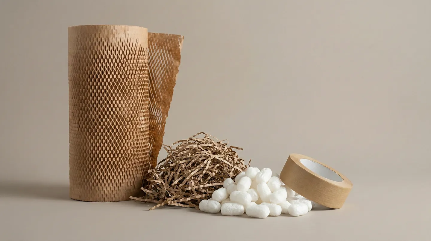 Comparație vizuală între materiale plastice și alternativele lor eco: folie cu bule vs hârtie fagure, polistiren vs amidon