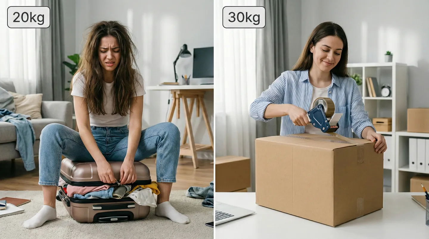 Comparație vizuală între un troller mic de avion și o cutie de curierat