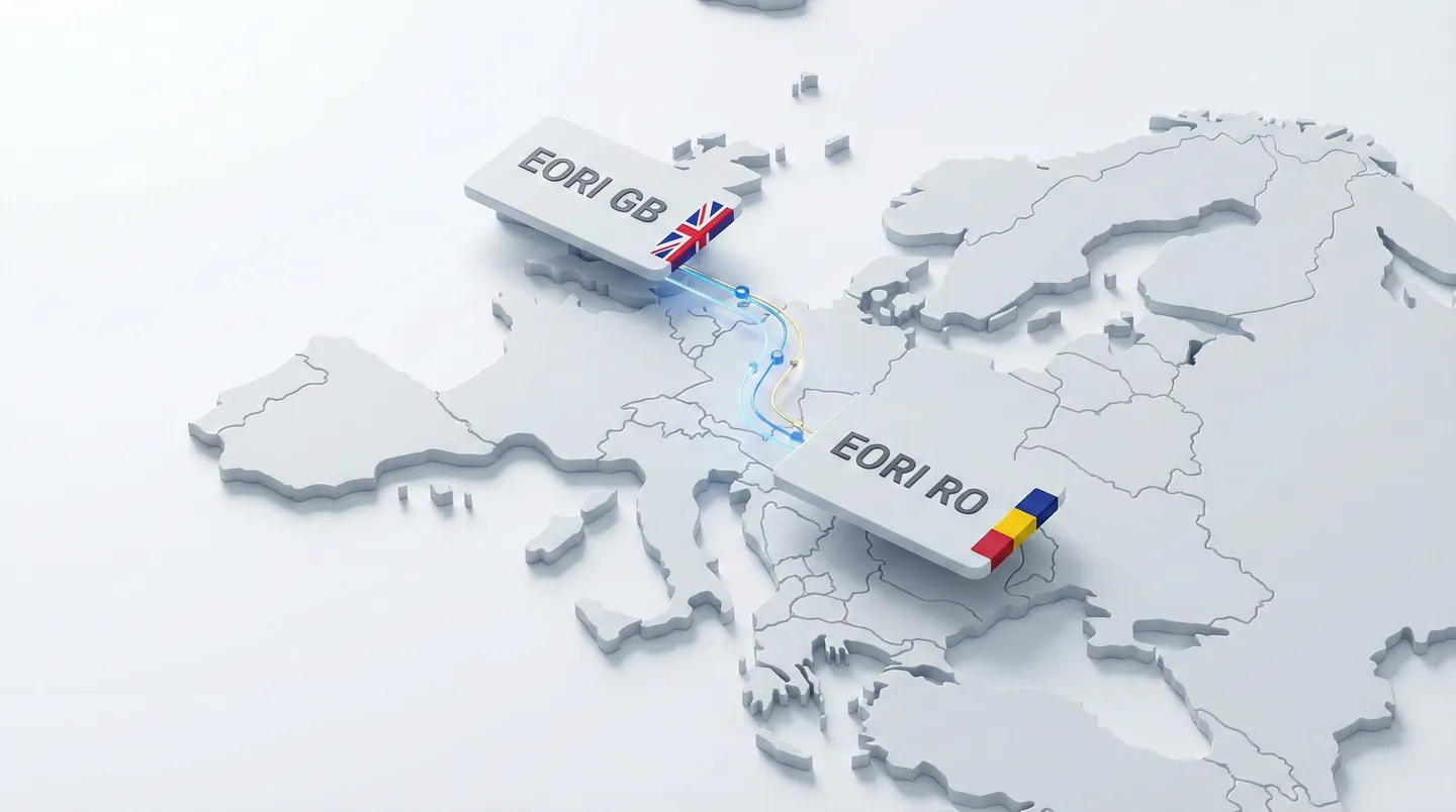 Concept vizual al necesității celor două coduri EORI (RO și GB) pentru comerțul bilateral