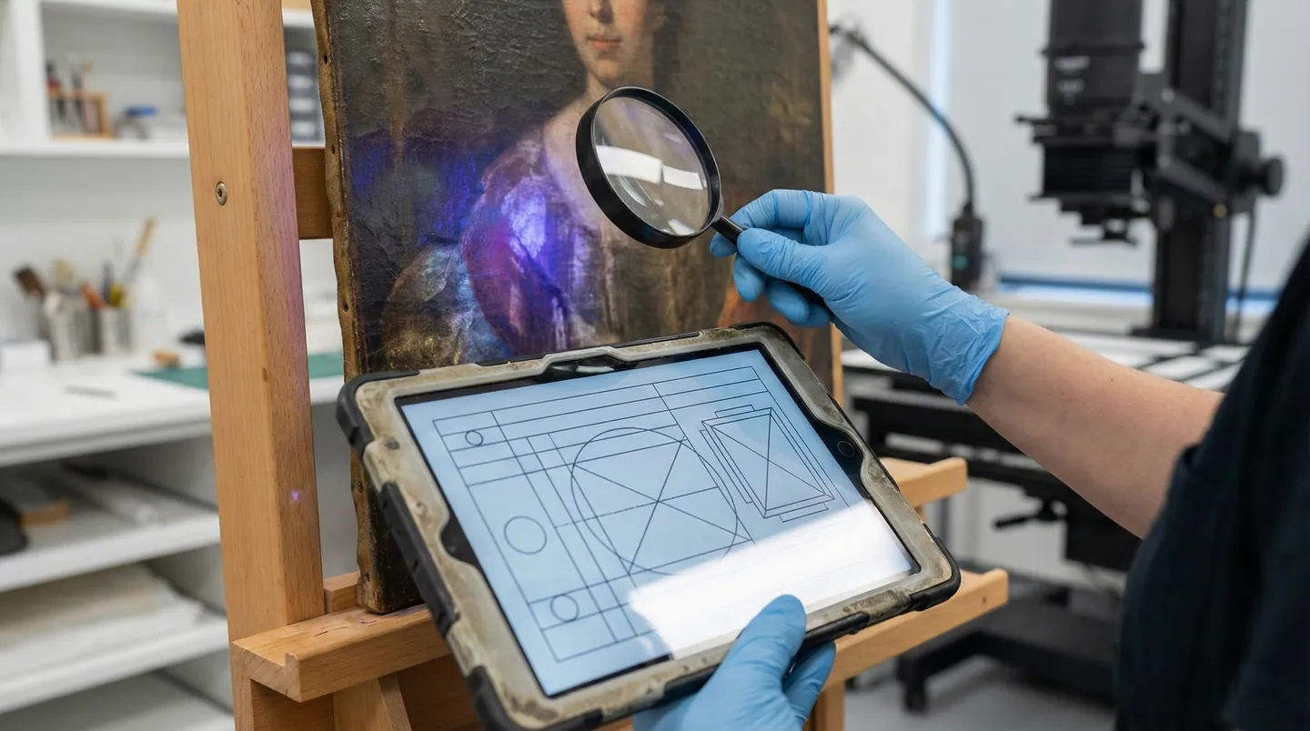 Conservator de artă completând un raport de stare pe tabletă, inspectând un tablou cu o lupă și lumină UV înainte de transport