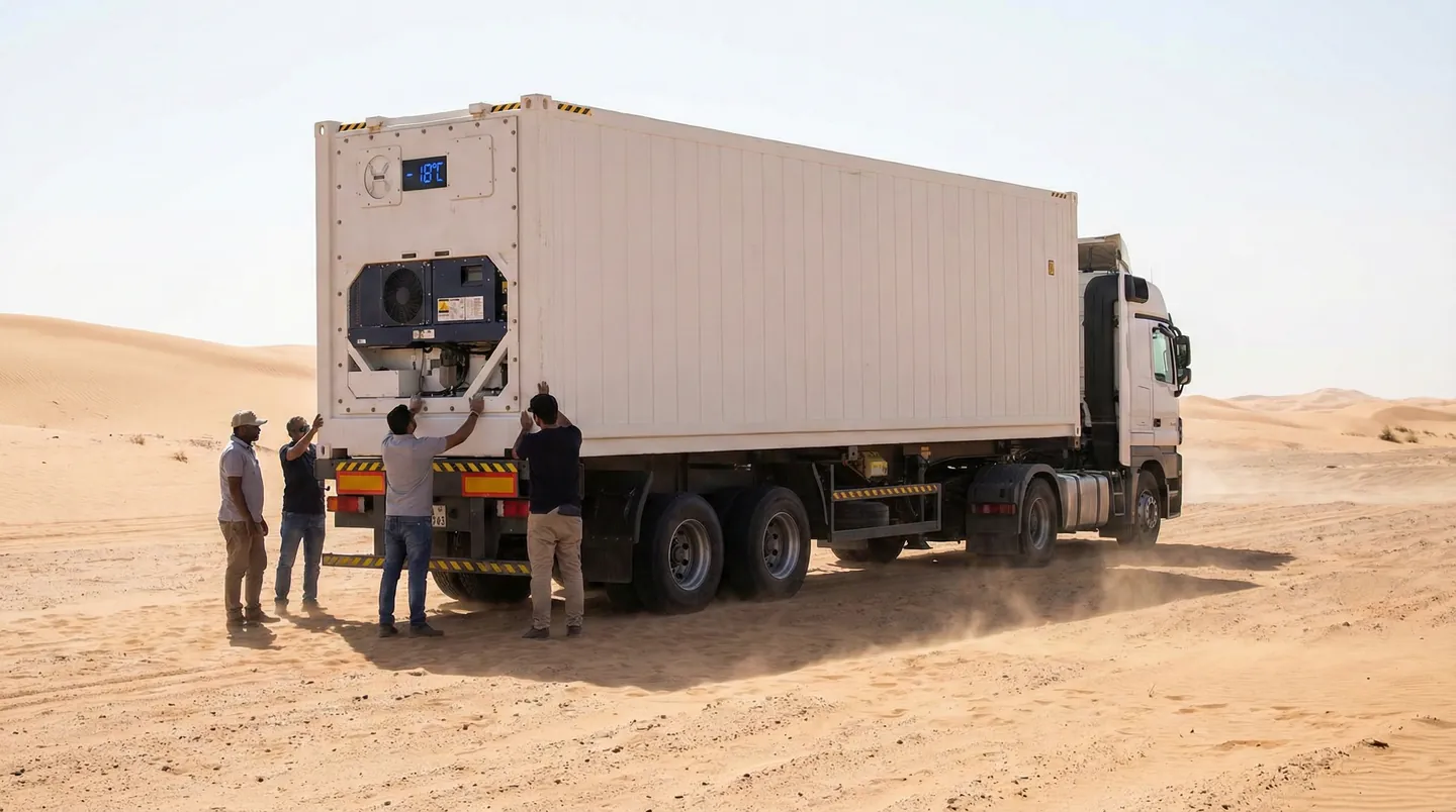 Container frigorific (Reefer) în deșert menținând temperatura de -18 grade, logistică lanț de frig