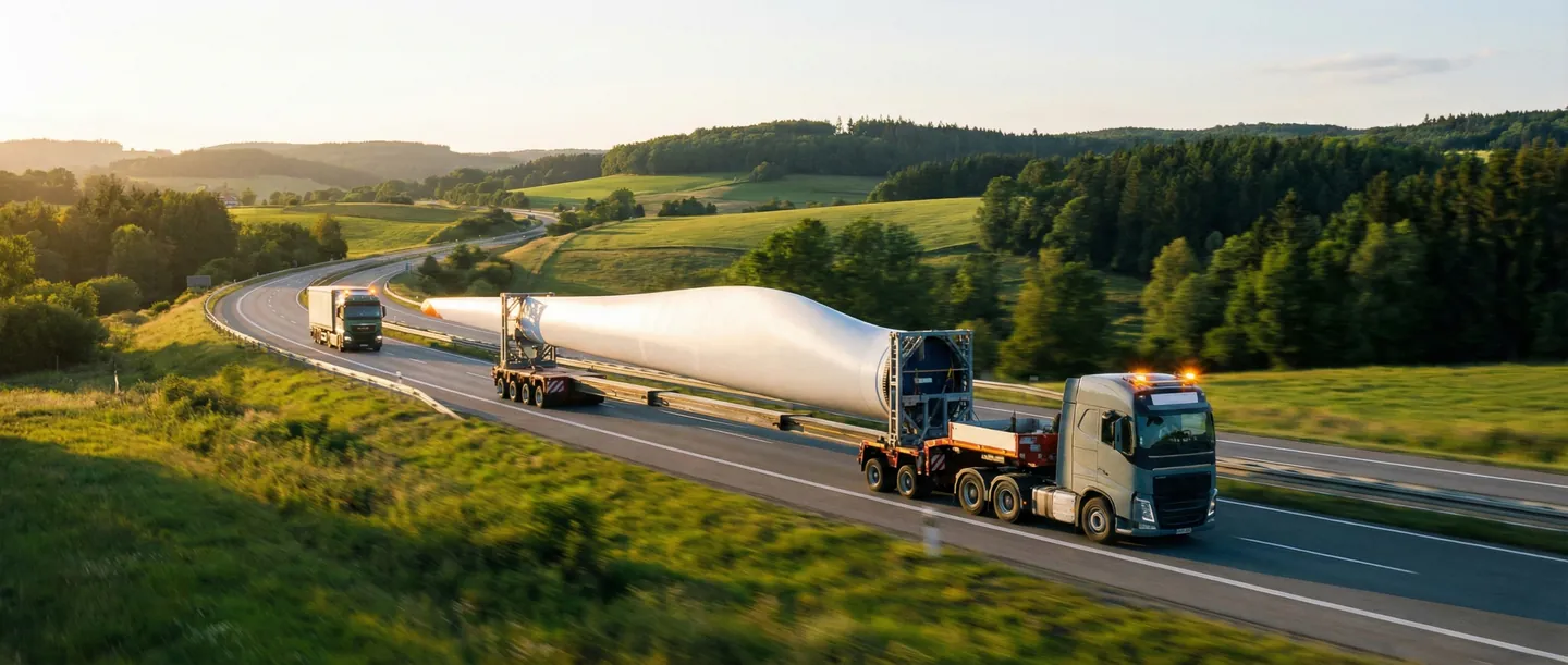 Convoi de transport agabaritic cu piese eoliene pe autostradă, escortat