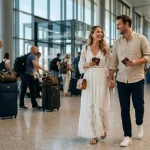 Cuplu de miri călătorind relaxat prin aeroport, fără bagaje voluminoase, logistica nunții fiind deja expediată