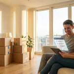 Cuplu tânăr organizând o mutare internațională cu cutii de carton într-un apartament luminos