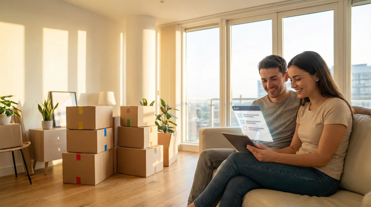 Cuplu tânăr organizând o mutare internațională cu cutii de carton într-un apartament luminos