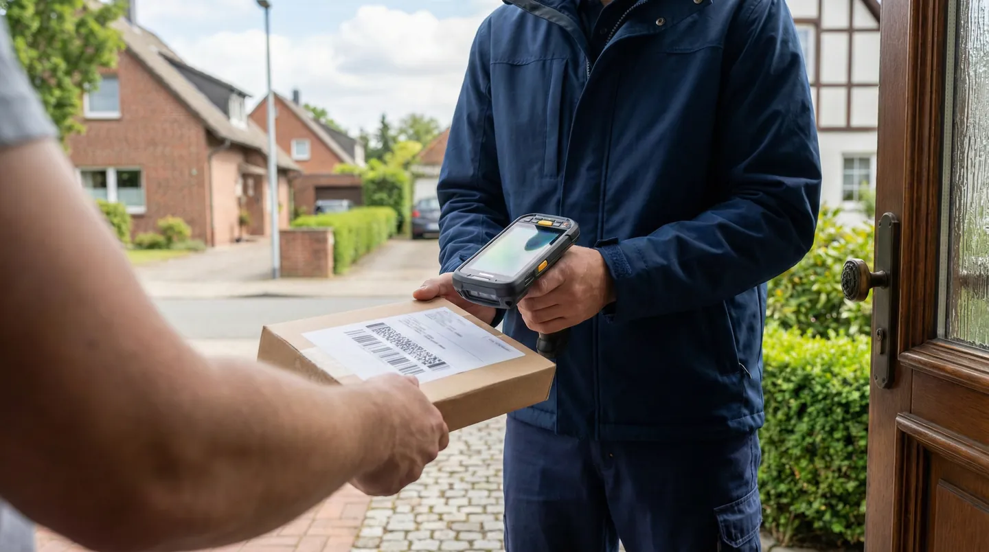 Curier preluând coletul direct de la vânzătorul din Germania pe baza etichetei trimise de cumpărător