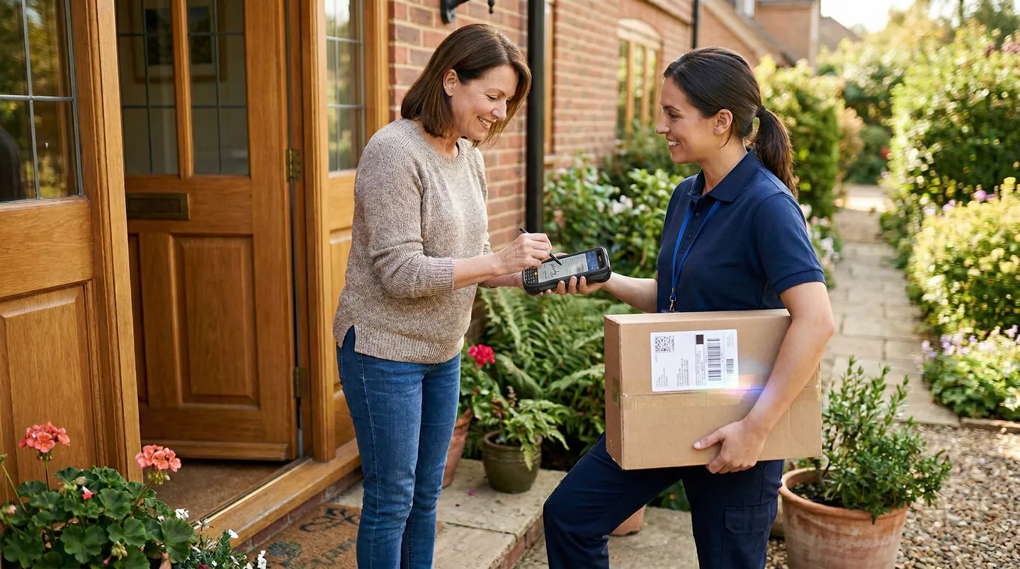 Curier prietenos preluând un colet greu de la ușa unei case, scanând eticheta cu un dispozitiv mobil, clientul semnând pe ecran