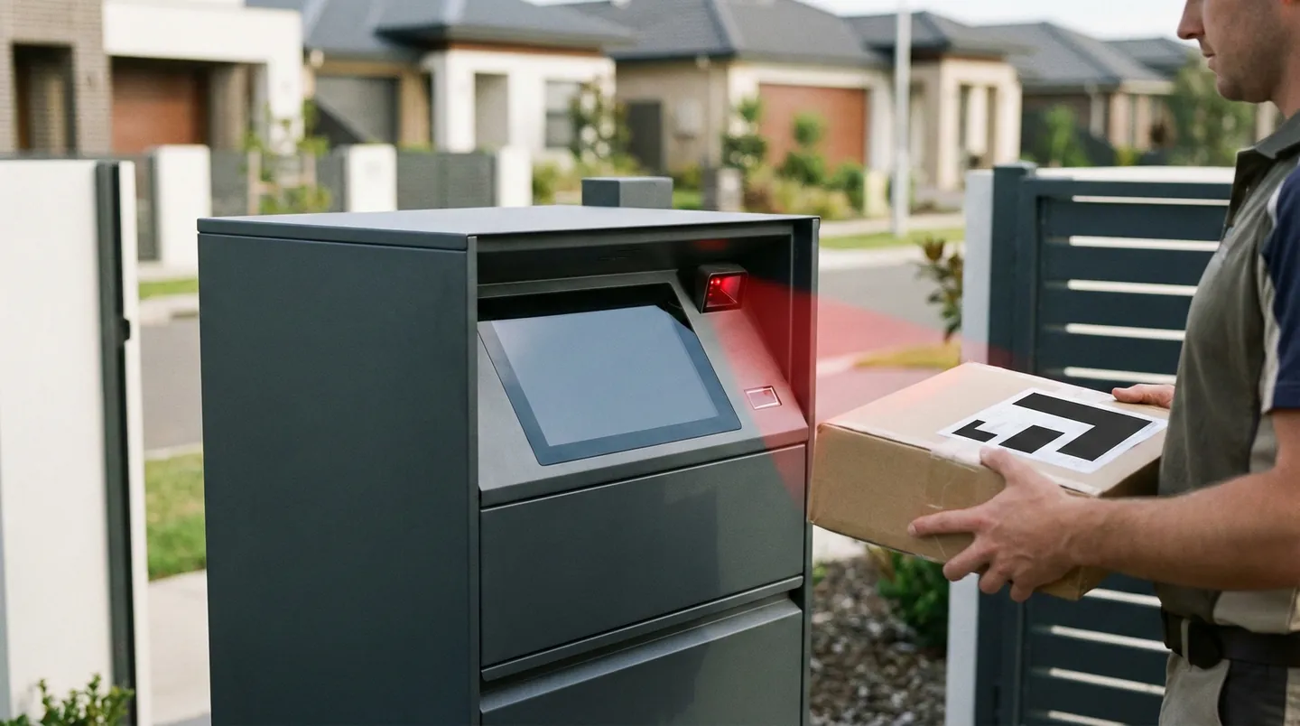 Curier scanând un colet la o cutie poștală inteligentă (Smart Parcel Box) pentru a debloca compartimentul securizat