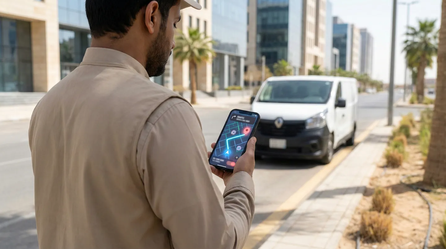 Curier verificând adresa digitală (National Address) pe o aplicație GPS în Riyadh pentru livrarea ultimului kilometru