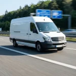 Dubă de curierat modernă circulând rapid pe o autostradă din Germania, serviciu Road Express pentru livrări urgente în Europa