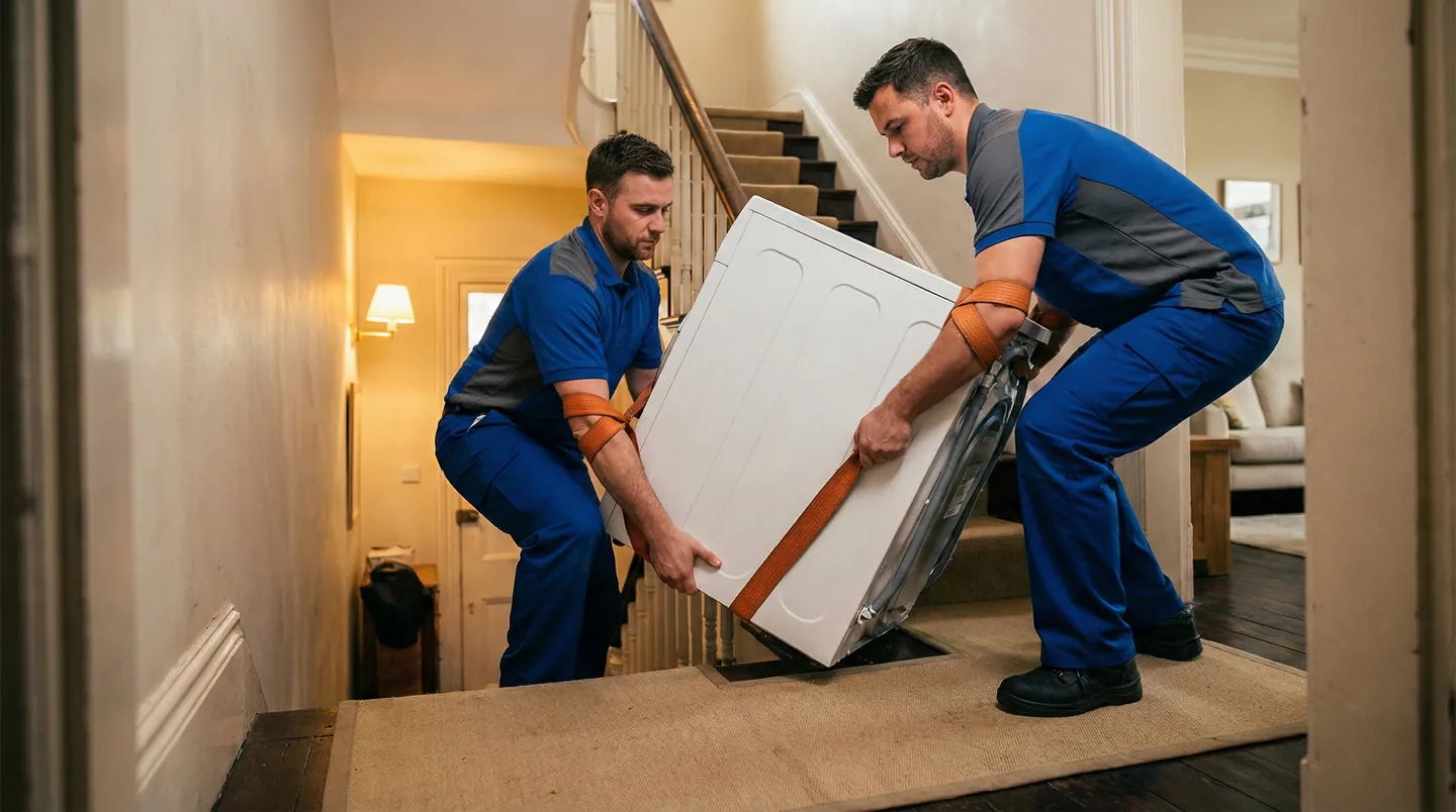 Curieri livrând o mașină de spălat în locuința clientului, folosind chingi speciale și protecții pentru podea, serviciu White Glove