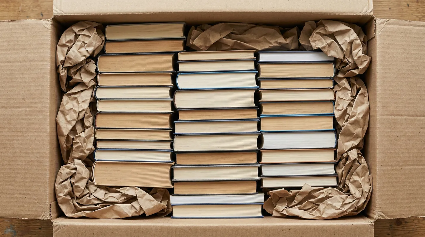 Cutie cu cărți așezate orizontal pe plan plan, cu golurile umplute folosind hârtie kraft mototolită pentru imobilizare.