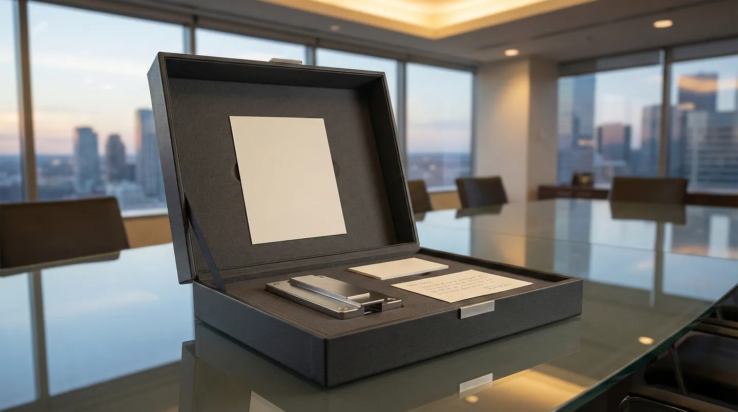 Cutie de mostre deschisă pe o masă de conferință, conținut organizat impecabil, broșură și carte de vizită vizibile